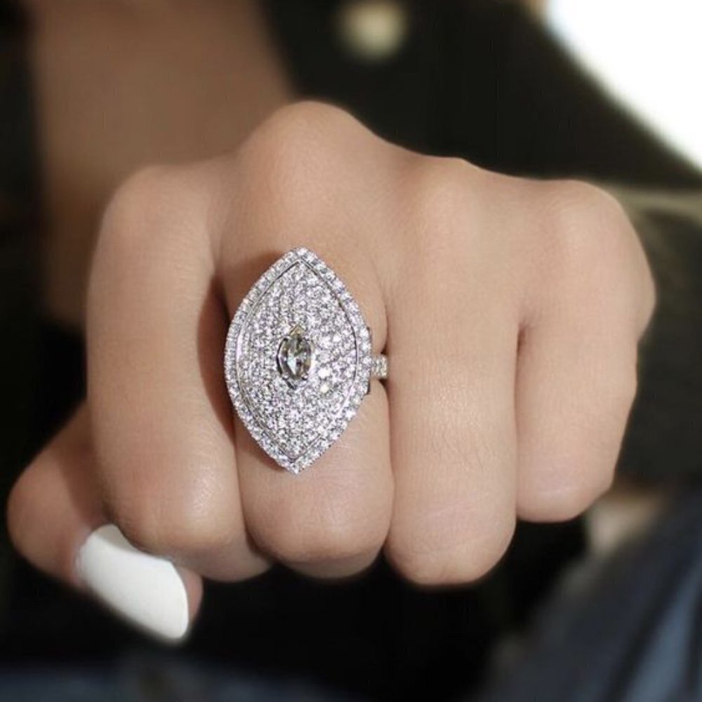 🌸Large Marquis Shiny CZ Royal Court Noble Silver Vintage Ring Women, UNV…